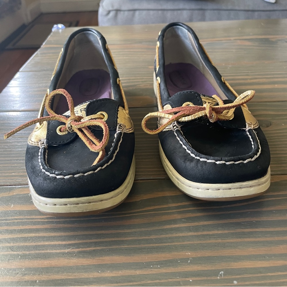 EUC Sperry Angelfish Women's Black and Gold Boat Shoes